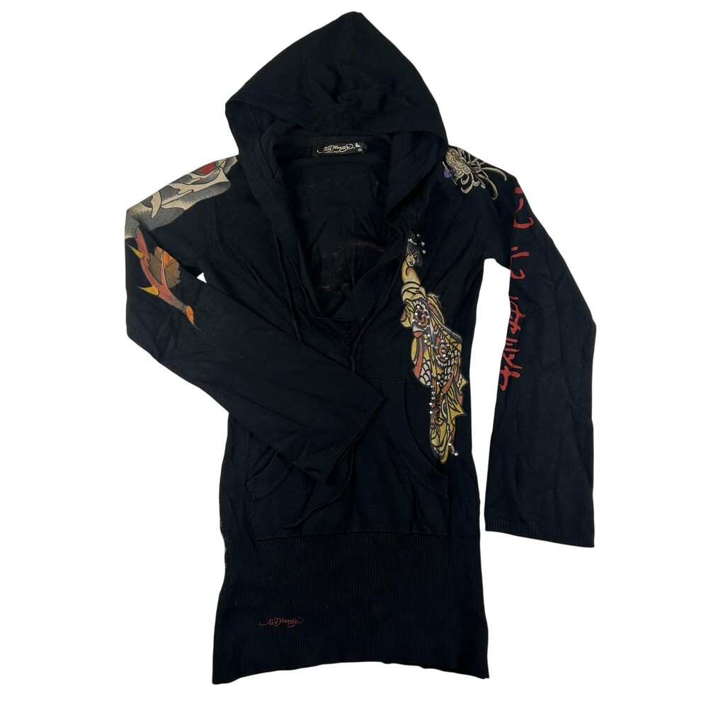 Vintage Ed Hardy Sweater Womens Small Hooded Tattoo Geisha Rhinestone Graphic